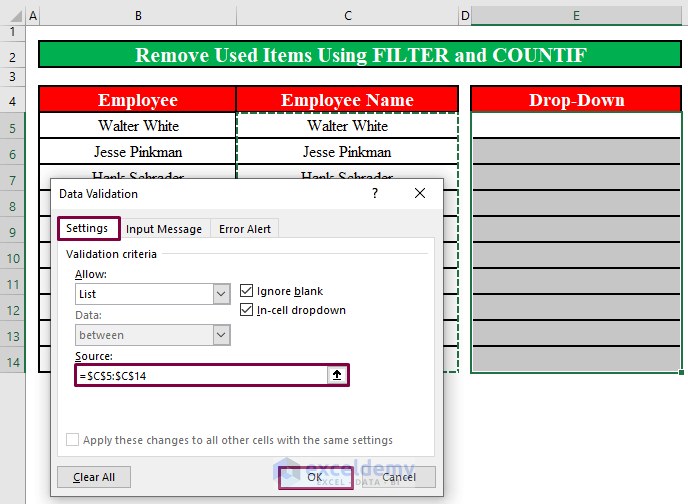 : Remove Used Items from Drop Down List in Excel Using FILTER and COUNTIF Function
