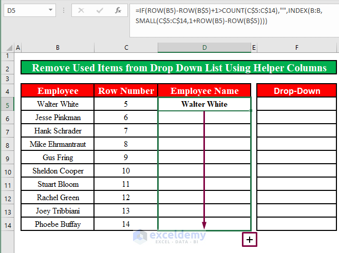Use Helper Columns to Remove Used Items from Drop Down List in Excel