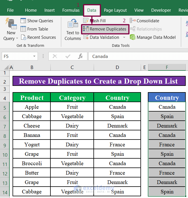 Create a Drop Down List with Unique Values by Removing Duplicates in Excel