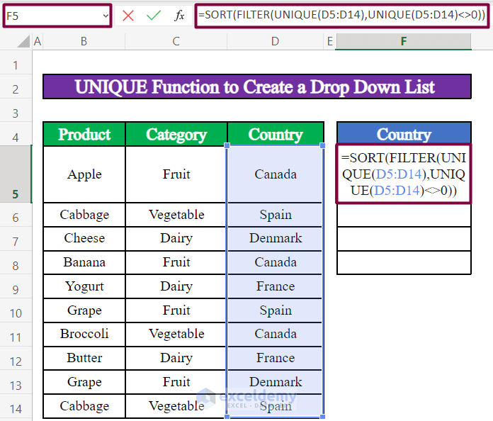 Create a Drop Down List with Unique Values by Removing Duplicates in Excel