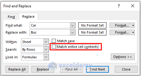 Unmark Match Entire Cell Contents If Find and Replace Is Not Working