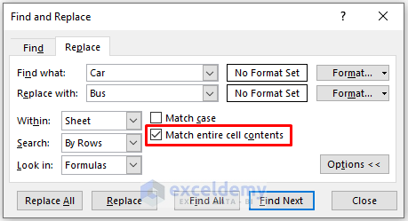 Unmark Match Entire Cell Contents If Find and Replace Is Not Working