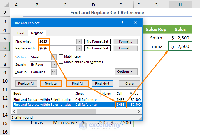 Excel Find and Replace within Selection Changing Cell Reference