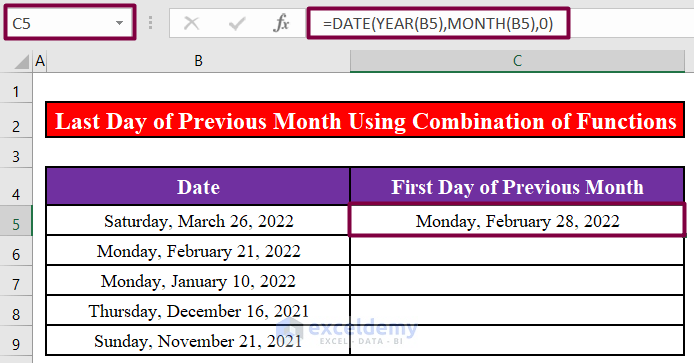 excel first day of previous month