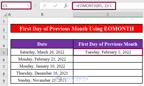 : Use the EOMONTH Function to Calculate the First Day of the Previous Month
