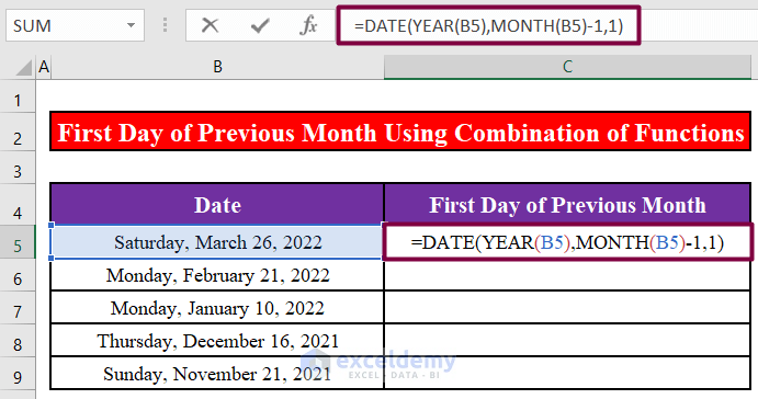 excel first day of previous month