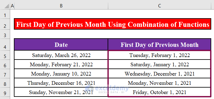 Calculate the First Day of the Previous Month Using the DATE, YEAR, and MONTH Functions