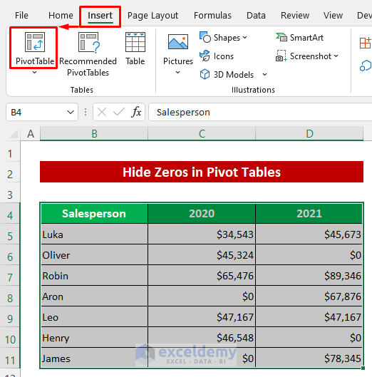 Hide Zeros in Excel Pivot Tables to Return Blank Cell