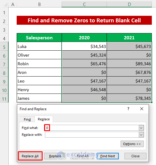 Find and Remove Zeros to Return Blank Cell in Excel