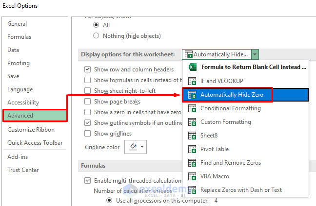 Automatically Hide Zero to Return Blank Cell in Excel