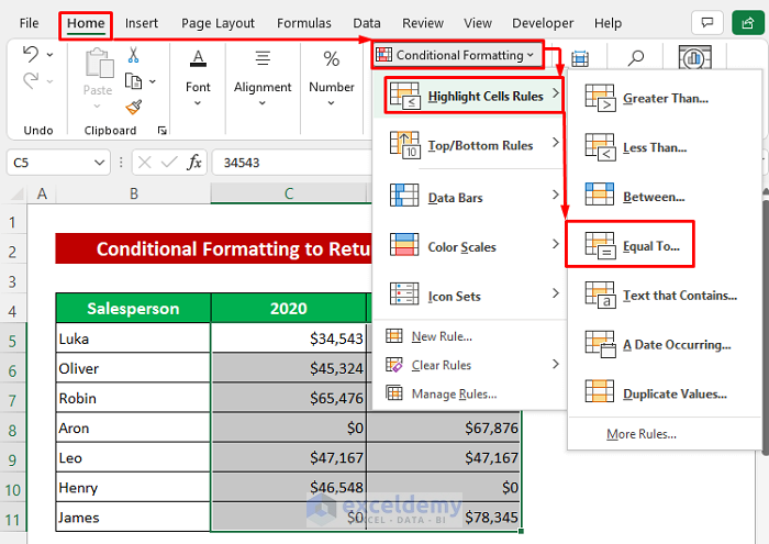 Use Conditional Formatting to Return Blank Cell instead of Zero in Excel
