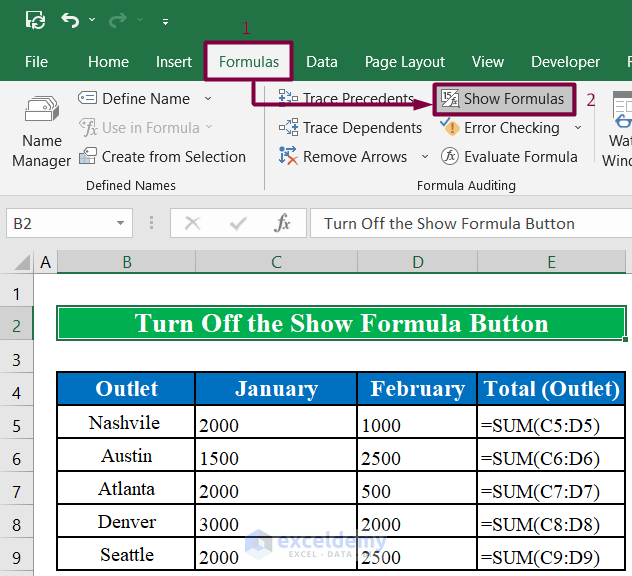 Turn Off the Show Formula Button in Excel to Show Correct Result