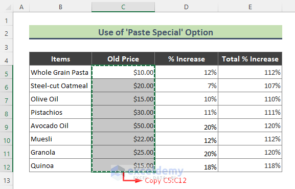 Use Excel ‘Paste Special’ Option to Add Percentage to Price