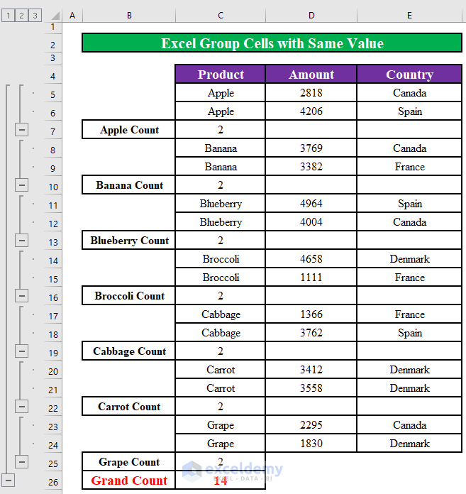 How to Group Cells with Same Value in Excel 