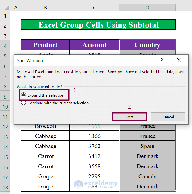 Group Cells with Same Value in Excel Using the Subtotal Feature