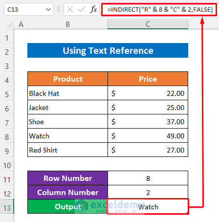 Use Text Reference Within the INDIRECT Function to Reference Cell by Row and Column Number