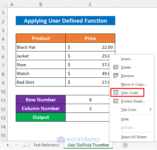 Reference Cell by Row and Column Number Applying User Defined Function