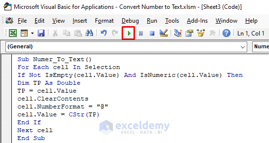 Use VBA Cstr Function with Selection to Convert Number to Text in Excel