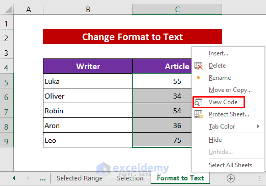 Change Number Format to Text Using VBA in Excel