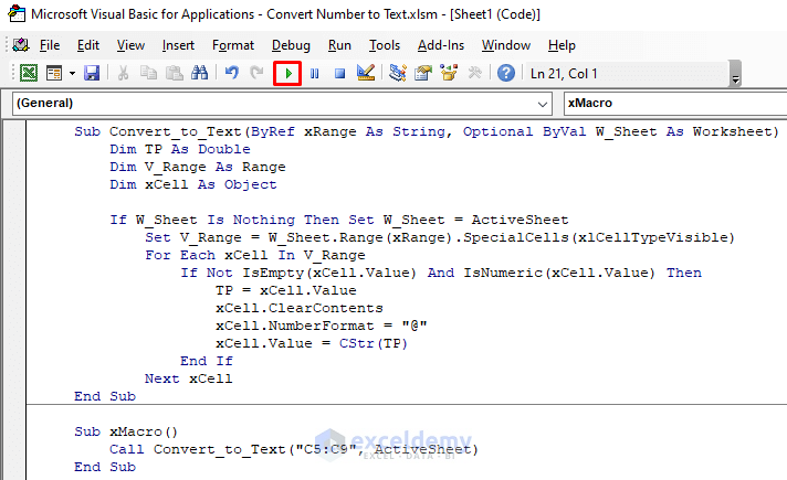 Apply VBA Cstr Function with Selected Range to Convert Number to Text