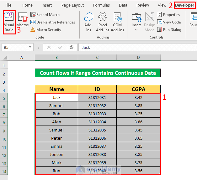 Develop a VBA Code to Count Rows If the Range Contains Continuous Data in Excel