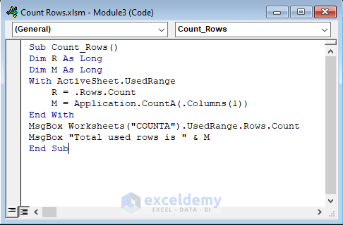 Apply the COUNTA Function in VBA Code to Count Rows in Excel