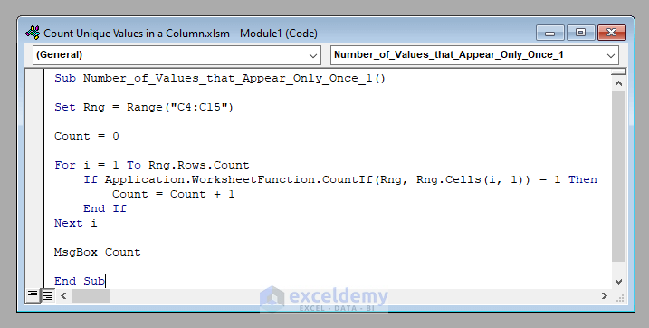 VBA Code to Count Unique Values in a Column in Excel