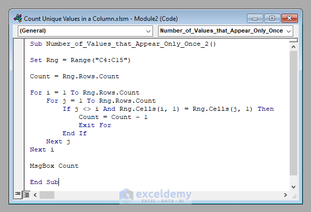 VBA Code to Count Unique Values in a Column with Excel VBA