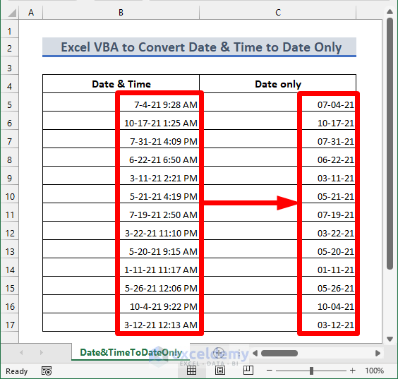Excel VBA to Convert Date and Time to Date Only