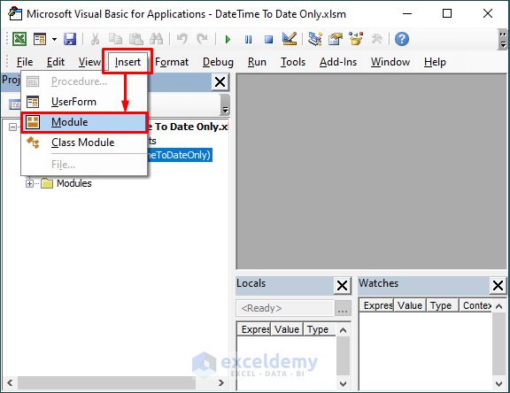 Insert Module in Excel VBA to Convert Date and Time to Date Only