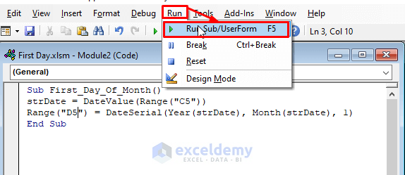 Develop a VBA Code to Count the First Day of Current Month in Excel