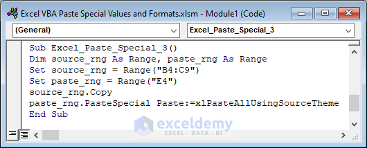 Use Variable to Insert Range and Paste Special Values and Formats