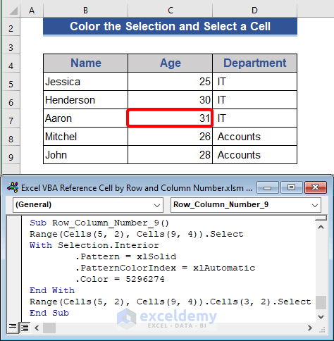 Excel VBA to Color the Selection and Select a Cell Using Row and Column Number in Cell Reference