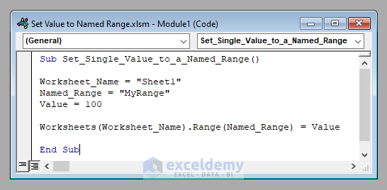 VBA Code to Set Value to a Named Range in Excel