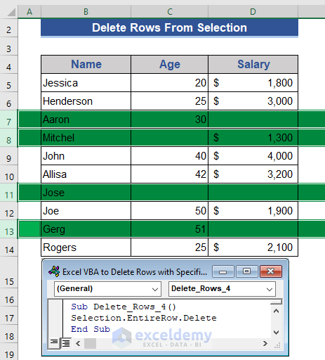 Delete Selected Rows in Excel