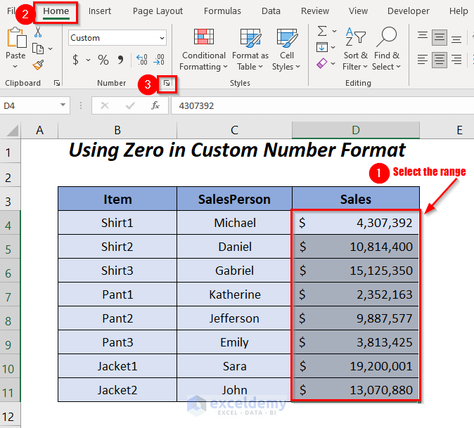 custom number format with zero