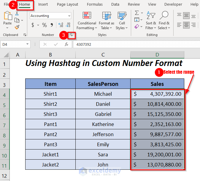 custom number format with hashtag