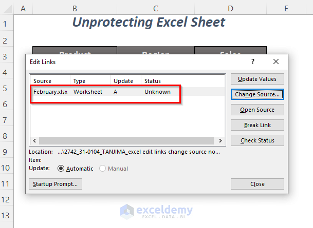 Excel edit links change source not working