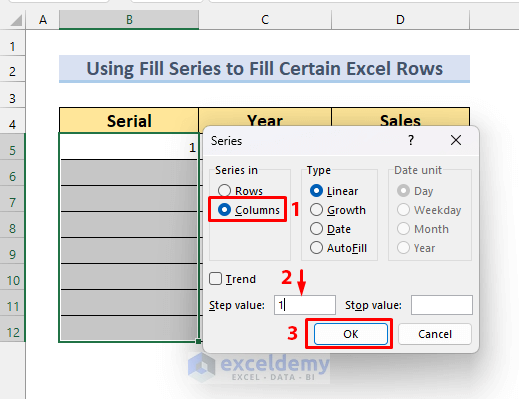 Filling a Certain Number of Rows in Excel Automatically by Applying Fill Series