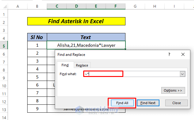 Find Asterisk in Excel 1 find and replace