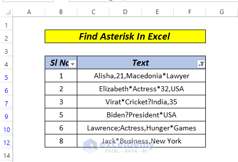 Find Asterisk in Excel using Filter Data