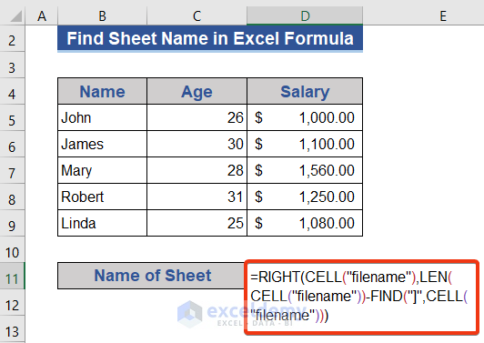 Joining RIGHT, LEN, CELL, and FIND Functions to Get Worksheet Name in Excel