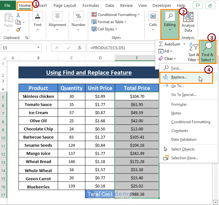 Find and Replace-How to Show Excel Formulas When Printing