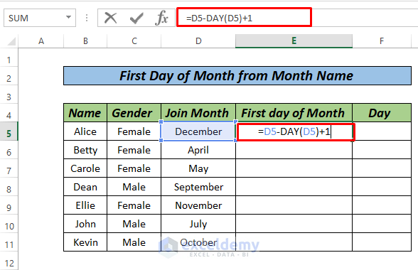 First day Of Month From Month using Day function