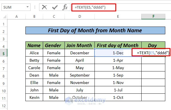 First day Of Month From Month using Text function