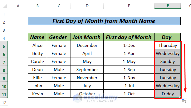 First day Of Month From Month using Text function
