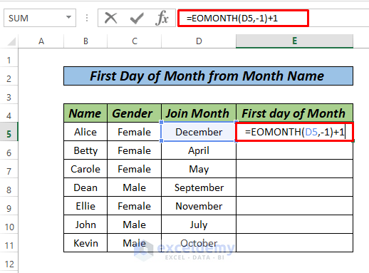 First day Of Month From Month using custom format