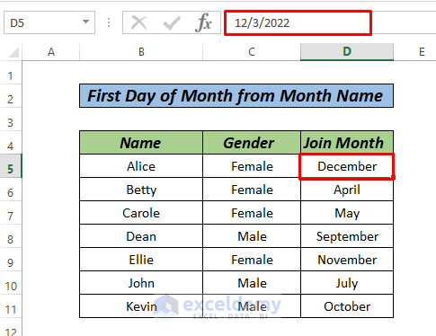 First day Of Month From Month Name excel