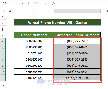 Format Phone Number With Dashes in Excel 