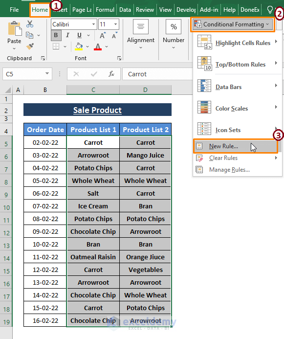 Formula 1-Conditional Formatting-Compare Two Cells and Change Color in Excel